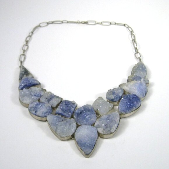 Druzy Quartz Sterling Silver 925 Statement Necklace Adjustable Chain Bib 23 inch - Picture 2 of 9